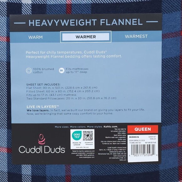Cuddl Duds Queen Heavyweight Flannel Sheet Set Blue Plaid Soft Brushed Cotton - Picture 4 of 8